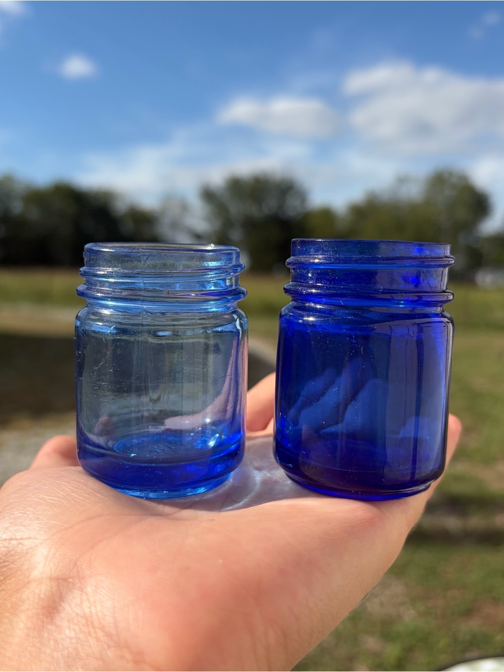 Vintage Vicks Vaporub Cobalt Blue Light Blue Embossed Glass Medicine Bottle Jar